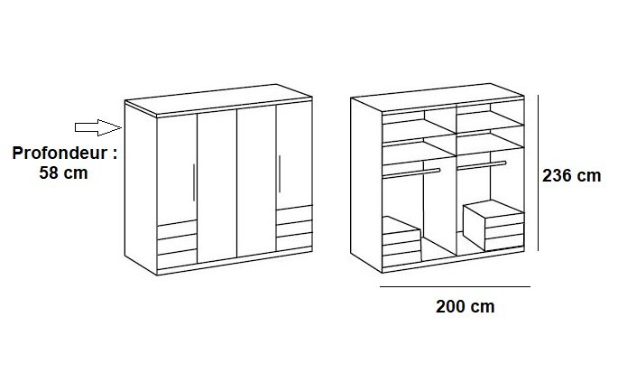 Armoire de rangement LISBETH 4 portes chêne 6 tiroirs blanc 200 x 236 cm hauteur