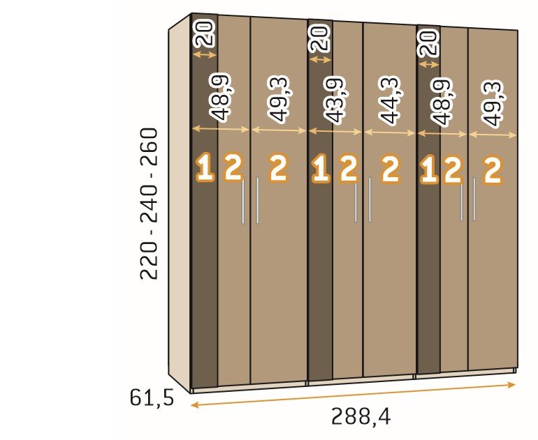 Armoire blanche 288,4 x 60 x 220 cm structure standard 6 portes kubica