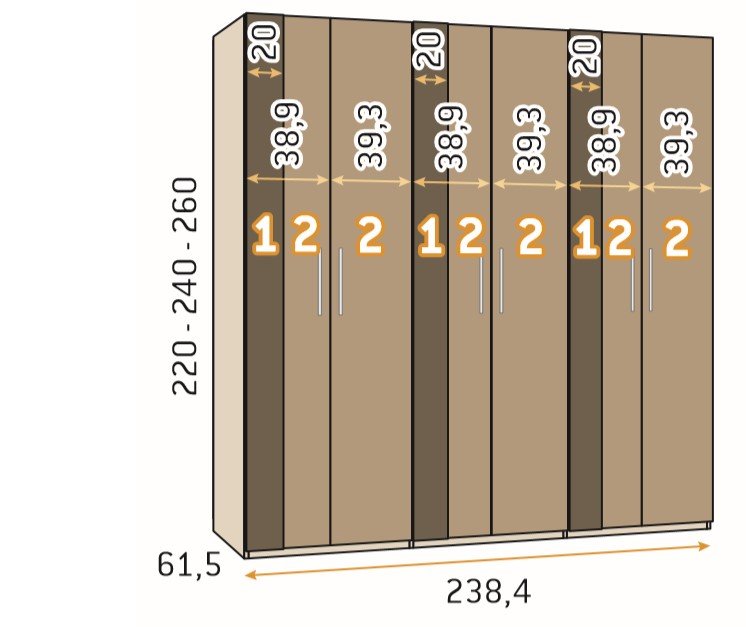 Armoire 6 portes Kubica 238,4 x 220 3 tiroirs Couleur Polar Cobalto Basalto Blanco Gris Pizzara Laquées  