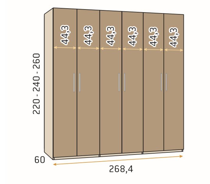 Armoire 268,4 x 220 cm couleur Legend Pizzara 4 portes lisses 2 portes claires poignée barra 