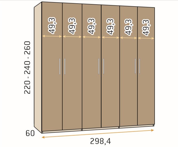 Armoire 6 portes 298,4 x 220 cm cadre Habana façade Habana Blanco Laquée poignée Perfil Gris