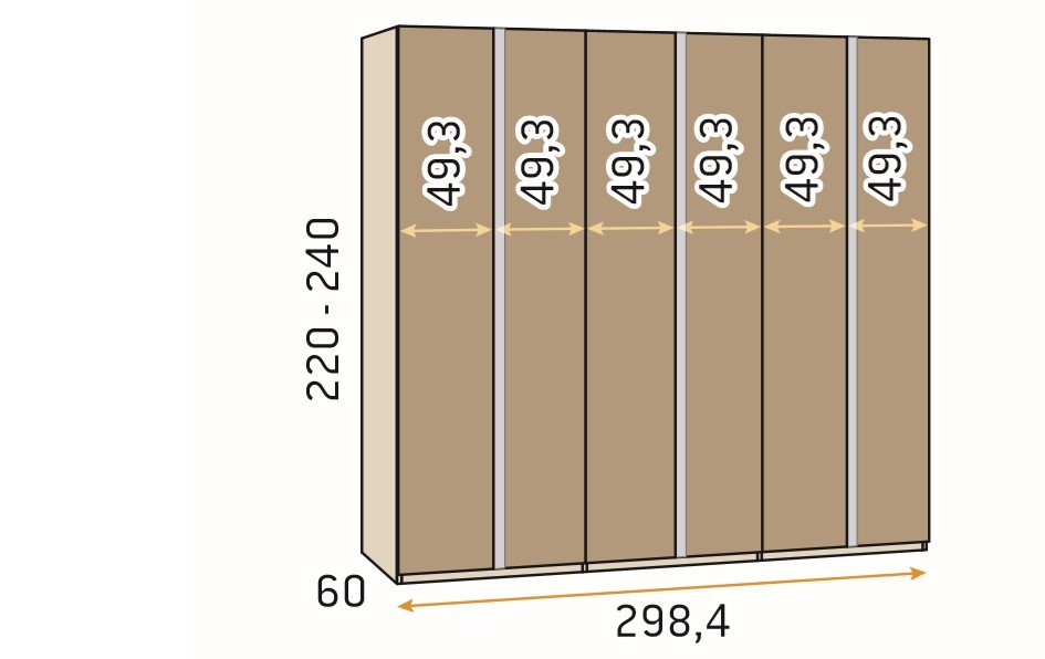 Armoire 6 portes poignée Perfil standard  298,4 x 220 cm 4 tiroirs couleur Tundra Pizzara Laquée 