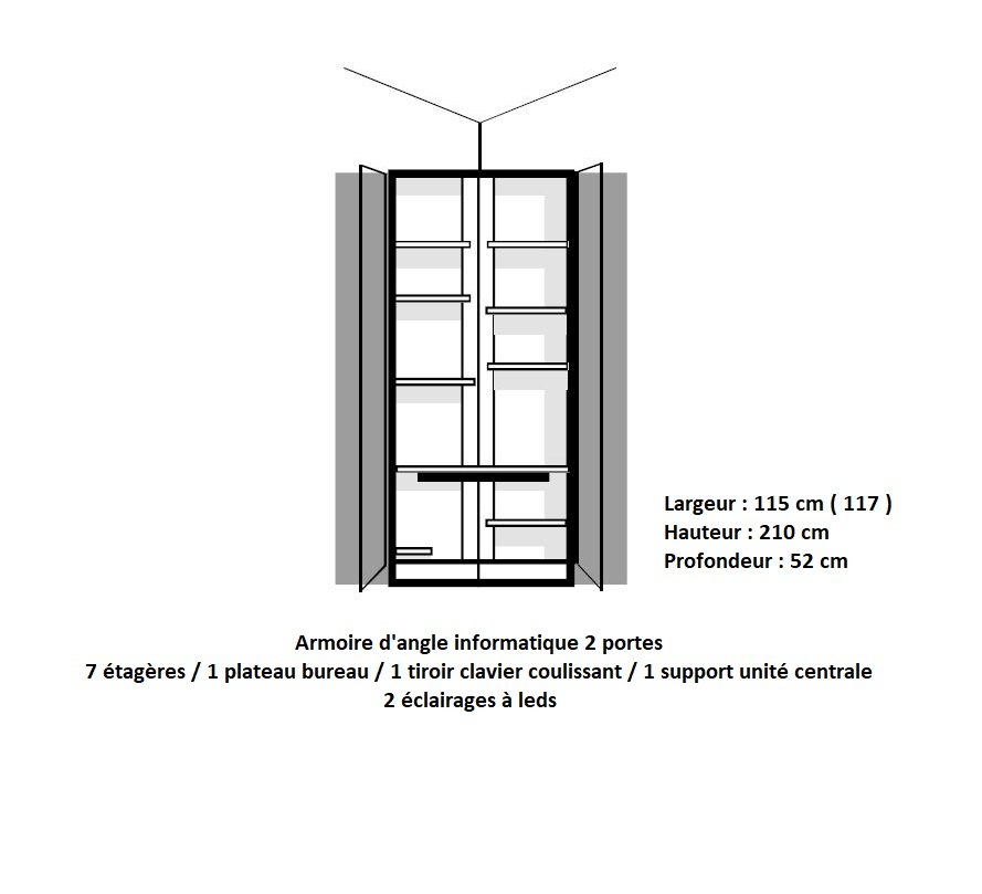 Armoire angle informatique 2 portes  ARLITEC 115 x 117 cm