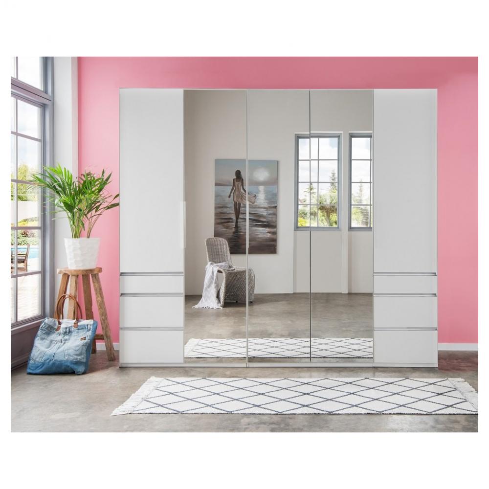 Armoire GRACE décor blanc 2 portes pliantes 1 porte tournante 6 tiroirs 3 miroirs 