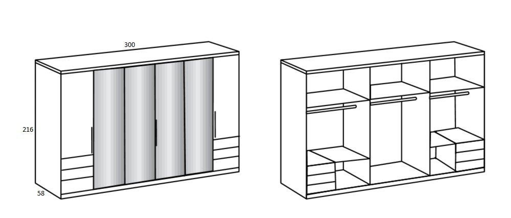 Armoire GRACE décor graphite 2 portes pliantes 2 portes tournantes 6 tiroirs 4 miroirs 