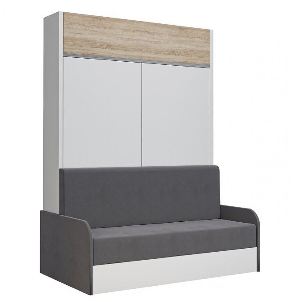 Armoire lit escamotable ALADYNO SOFA blanc bandeau chêne canapé gris 140*200 cm