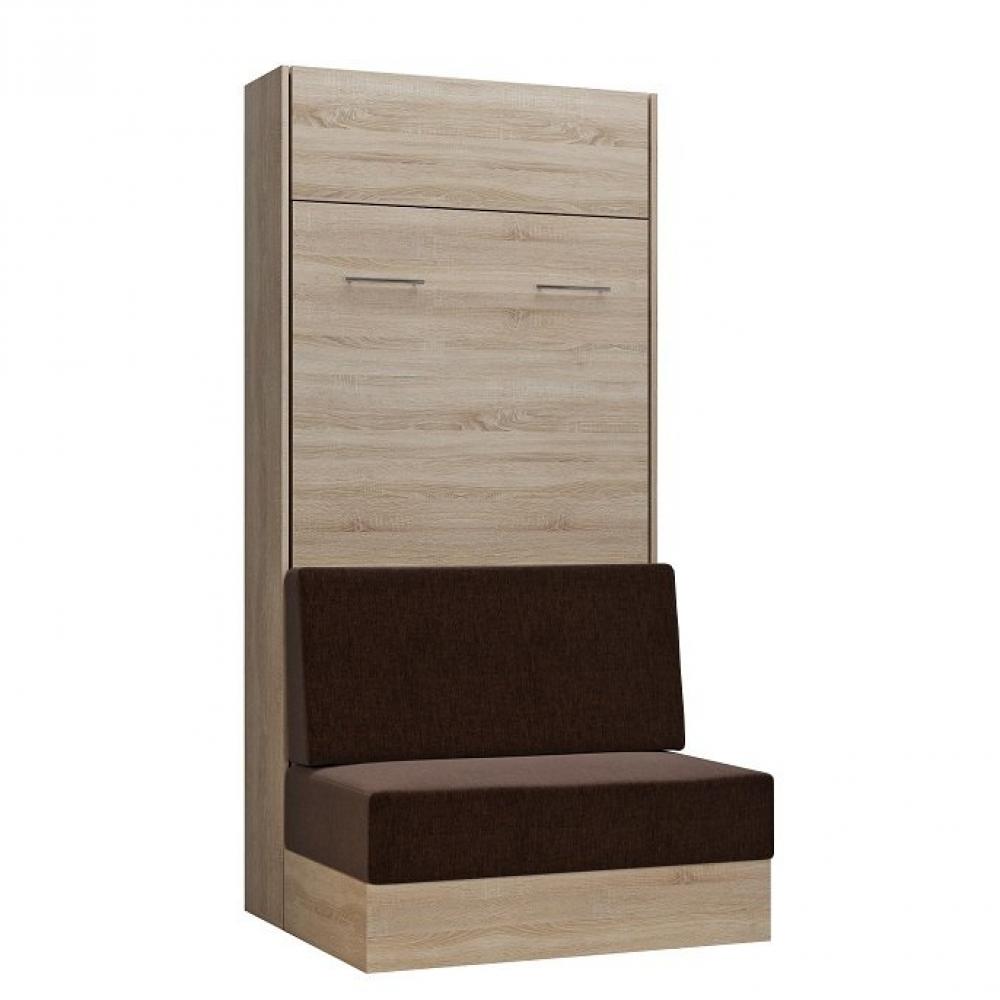 Armoire lit escamotable DYNAMO SOFA canapé intégré chêne naturel tissu marron 90*200 cm