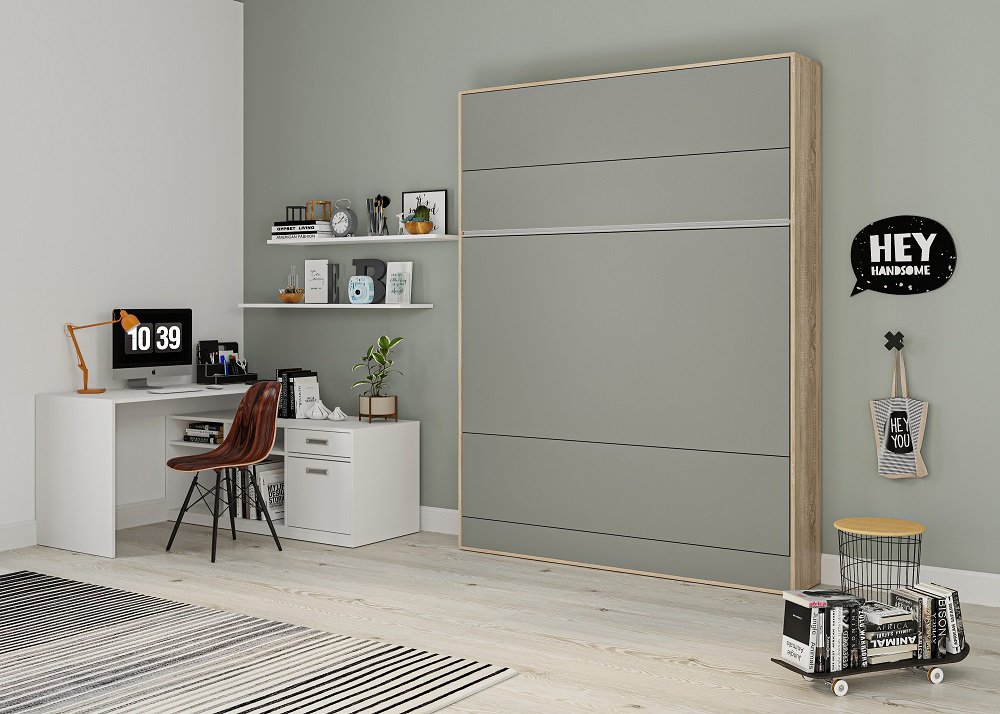 Armoire lit escamotable BERMUDES  structure chêne façade gris 140*200 cm