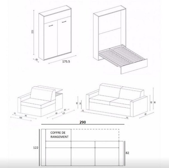 Armoire lit à ouverture assistée TRACCIA canapé intégré accoudoirs larges et chauffeuse couchage 160*200cm