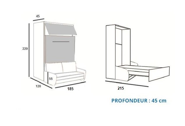 SPACE SOFA FAST armoire lit escamotable 140 cm blanche avec canapé microfibre grise