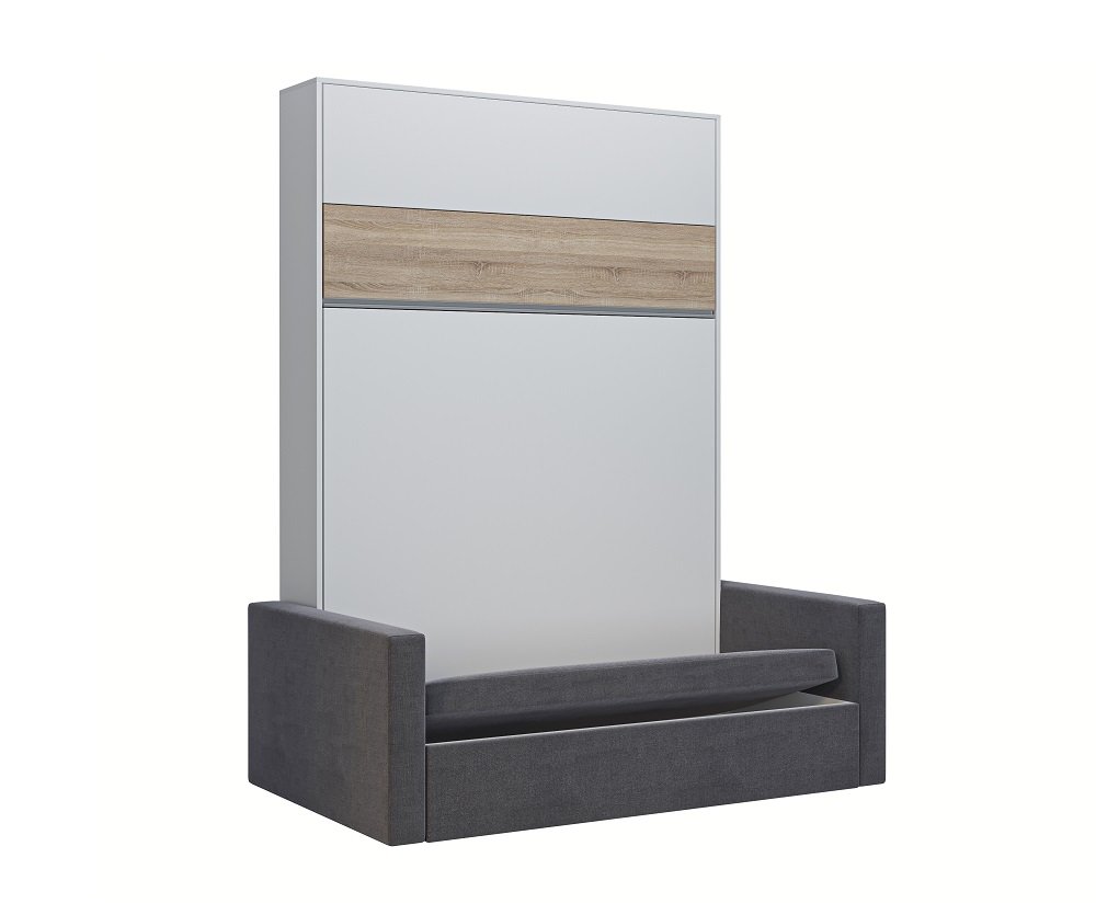 Armoire lit escamotable DJUKE SOFA blanc bandeau chêne canapé gris 140*200 cm