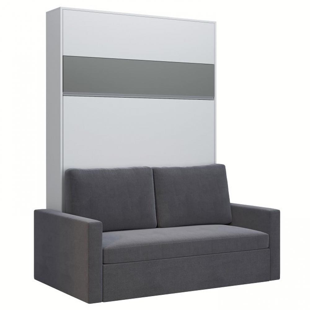 Armoire lit escamotable DJUKE SOFA blanc bandeau gris mat canapé gris 140*200 cm