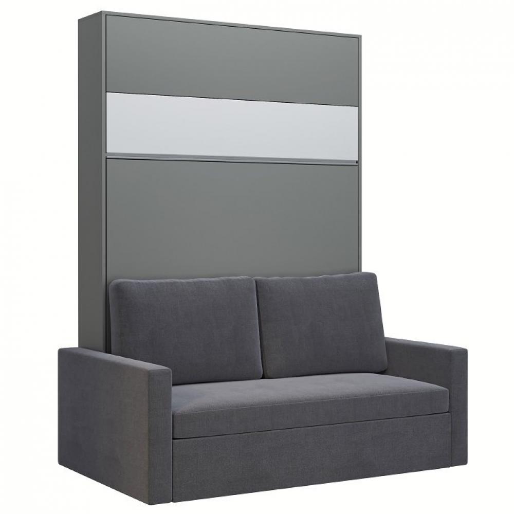 Armoire lit escamotable DJUKE SOFA gris bandeau blanc mat canapé gris 140*200 cm