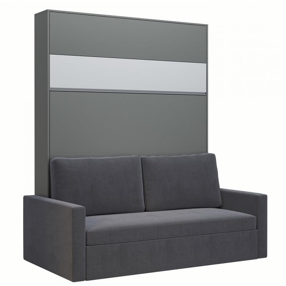 Armoire lit escamotable DJUKE  SOFA gris bandeau blanc mat canapé gris 160*200 cm