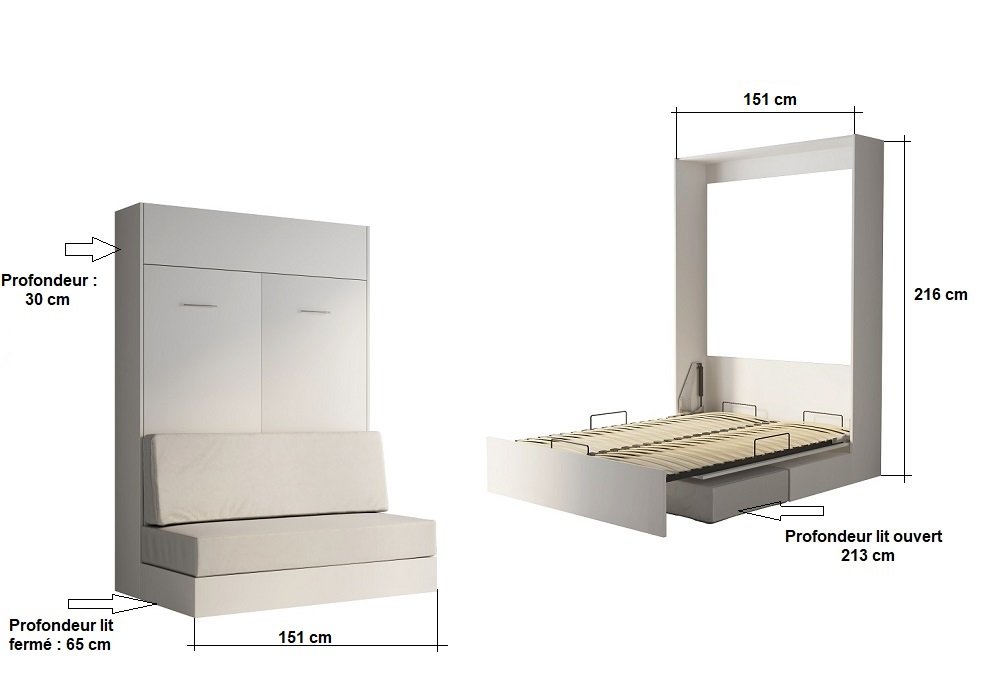 Armoire lit escamotable DYNAMO SOFA façade blanc brillant canapé rouge 140*200 cm