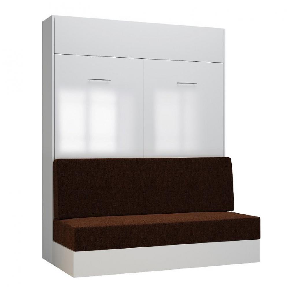 Armoire lit escamotable DYNAMO SOFA façade blanc brillant canapé marron 160*200 cm