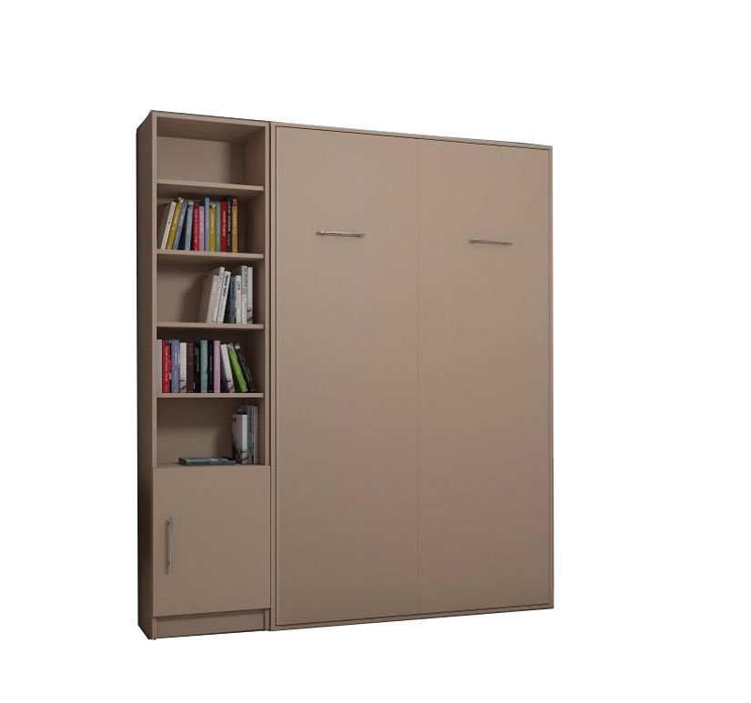 Composition armoire lit escamotable SMART-V2 Taupe mat Couchage 160 x 200 cm colonne bibliothèque