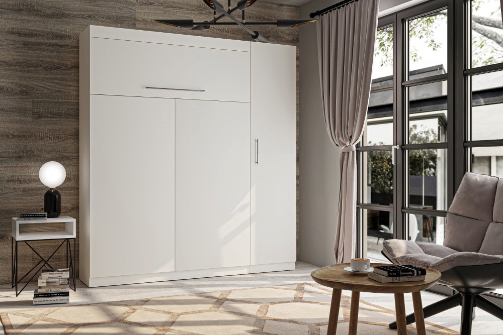Composition armoire lit escamotable SMART-V2 blanc mat Couchage 140 x 200  cm 2 colonnes rangements + angle blanc Bois Inside75