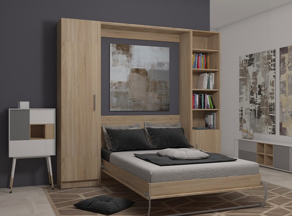 Lit escamotable en bois avec espaces de rangement – 140 x 200 cm