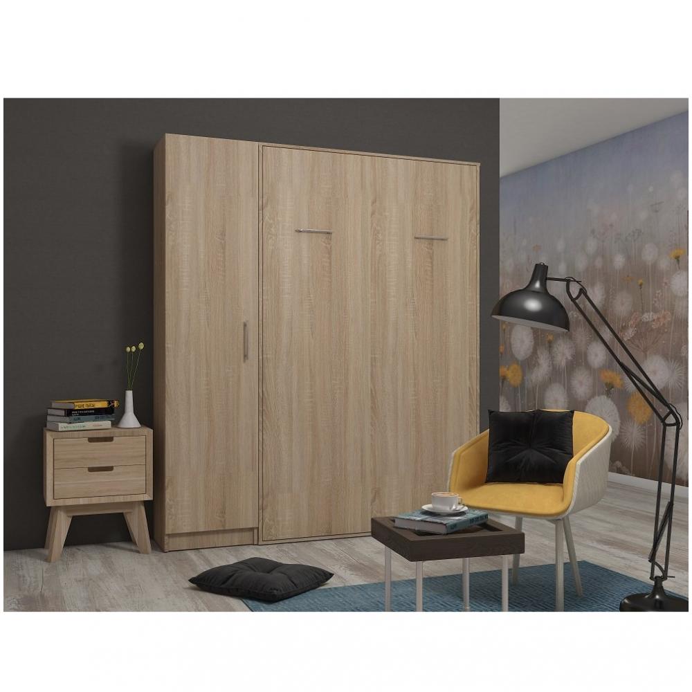 Composition armoire lit escamotable SMART-V2 chêne naturel Couchage 160 x 200 cm colonne armoire