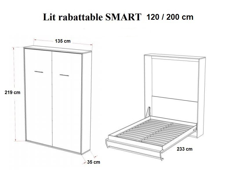 Armoire lit escamotable SMART-V2 gris graphite mat couchage 120*200 cm.