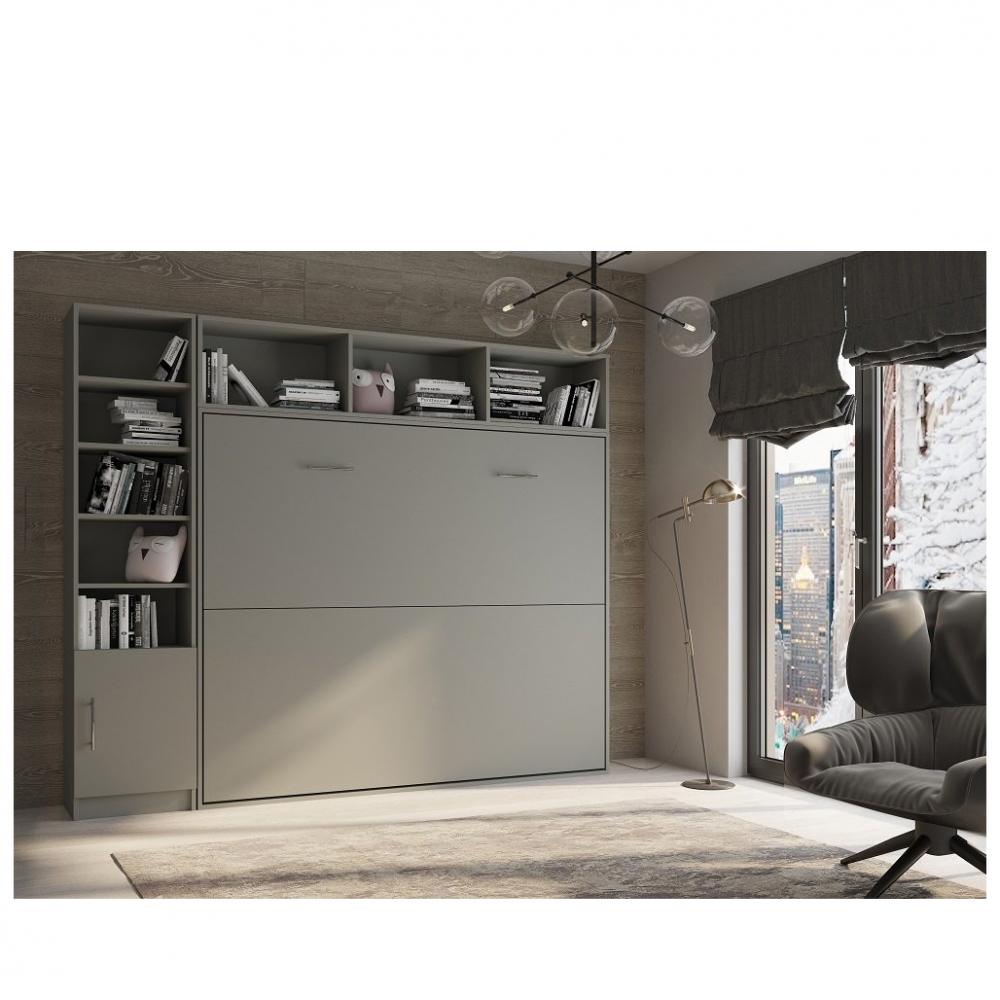 Composition armoire lit horizontale STRADA-V2 gris graphite mat Couchage 160*200 avec surmeuble et 1 colonne bibliothèque