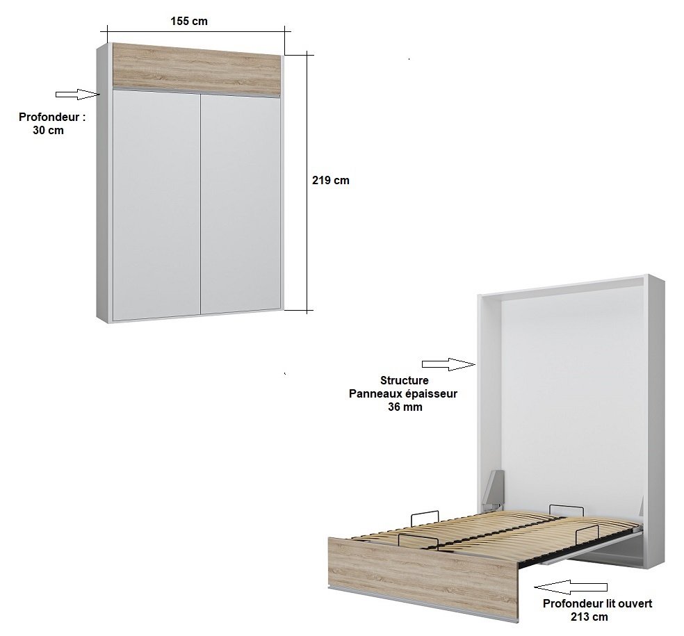 Armoire lit escamotable ALADYNO blanc mat bandeau blanc chêne 140*200 cm