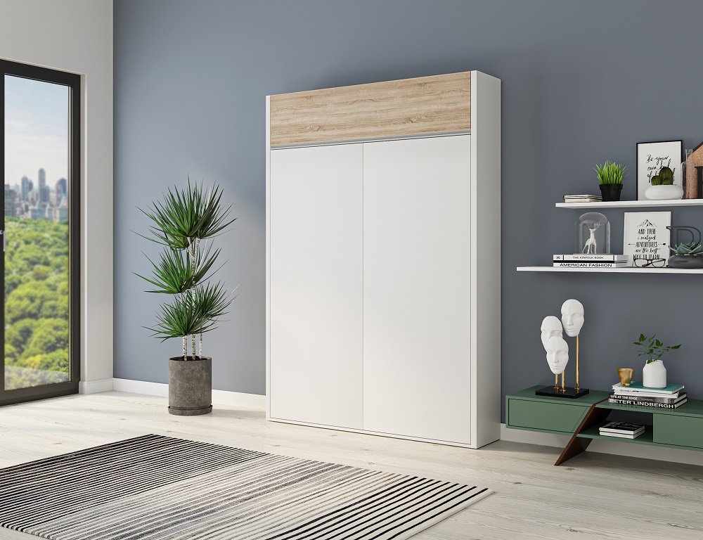 Armoire lit escamotable ALADYNO blanc mat bandeau blanc chêne 140*200 cm