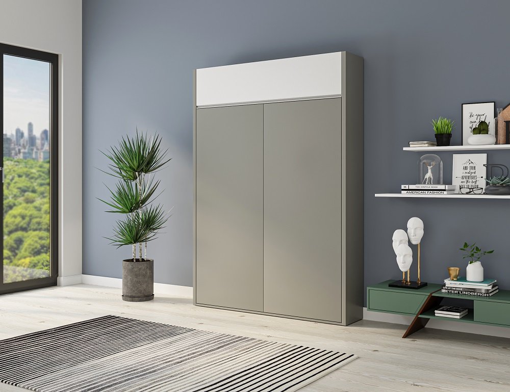 Armoire lit escamotable ALADYNO gris mat bandeau blanc mat 140*200 cm