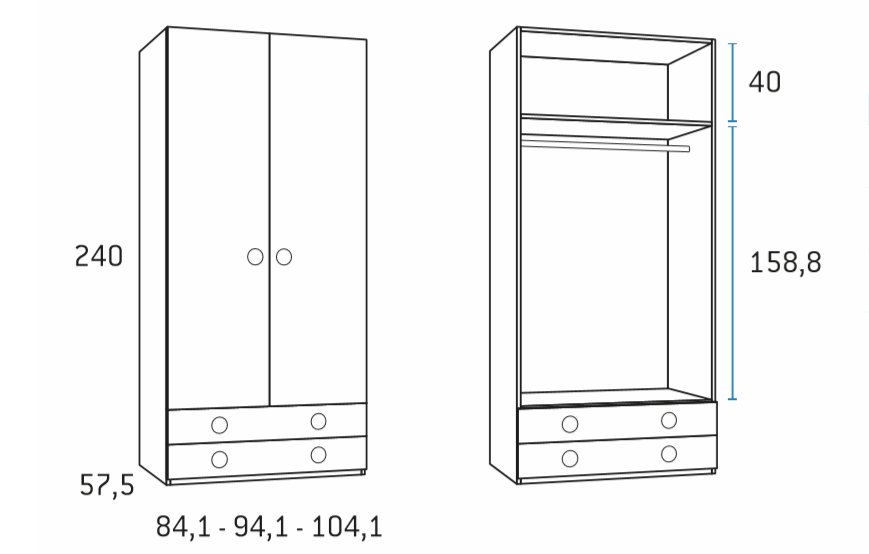 Armoire 2 portes 2 tiroirs 104,1 x 57,5 x 240 cm 