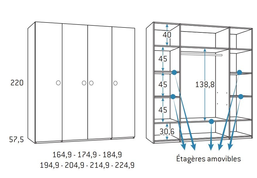 Armoire 4 portes 194,9 x 57,5 x 220 cm finition chêne blanchis