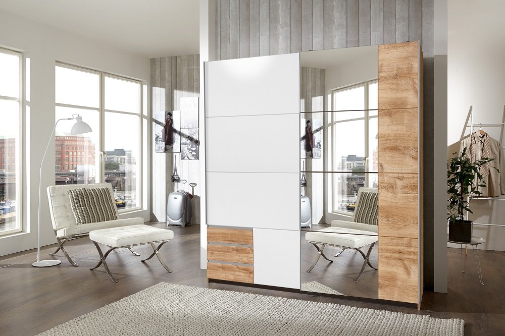 Armoire de rangement EDONA 179 cm portes coulissantes miroir chêne poutre / blanc