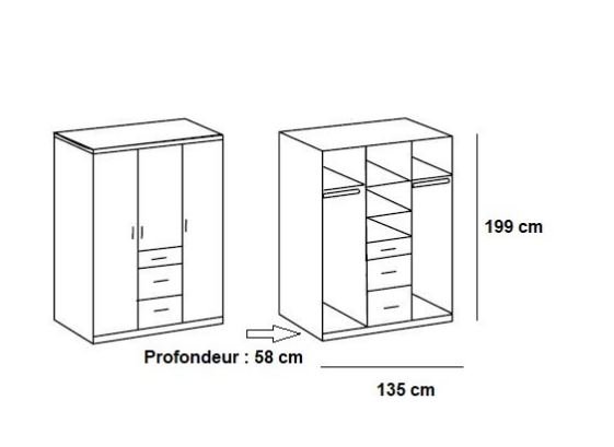 Armoire rangement LAVAL chêne  façade blanc mat 3 portes 3 tiroirs