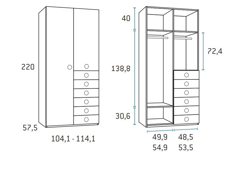 Armoire saison droite 2 portes 6 tiroirs 104,1 x 57,5 x 220 cm 