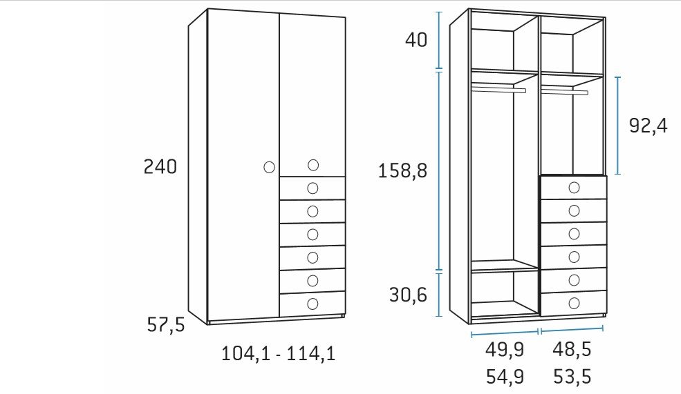 Armoire saison droite 2 portes 6 tiroirs 104,1 x 57,5 x 240 cm 