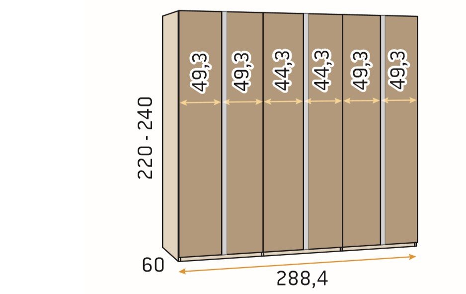 Armoire 6 portes 288,4 x 60 x 220 cm structure façade Legend poignée Perfil Cobalto