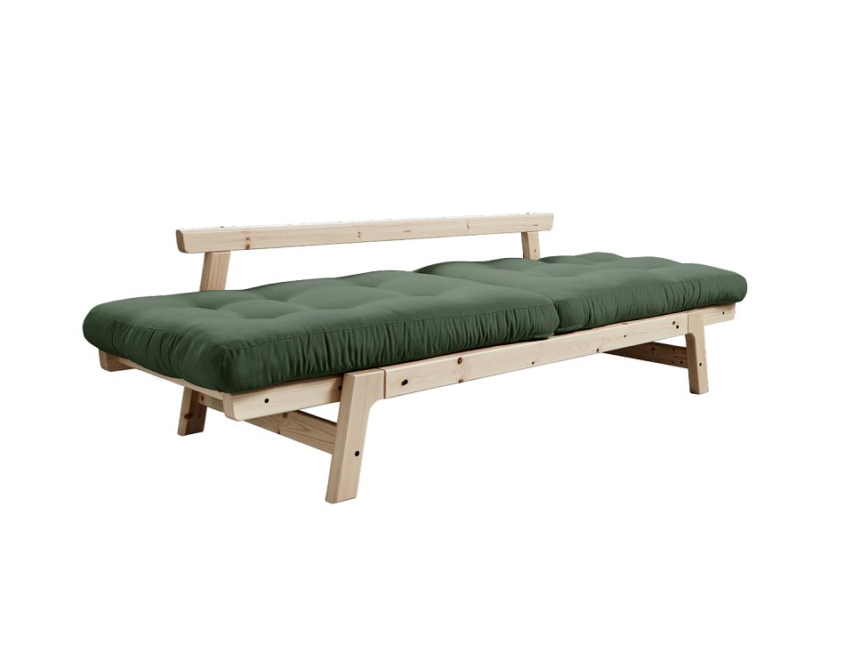 Banquette convertible futon STEP pin massif coloris vert olive couchage 70*200 cm.