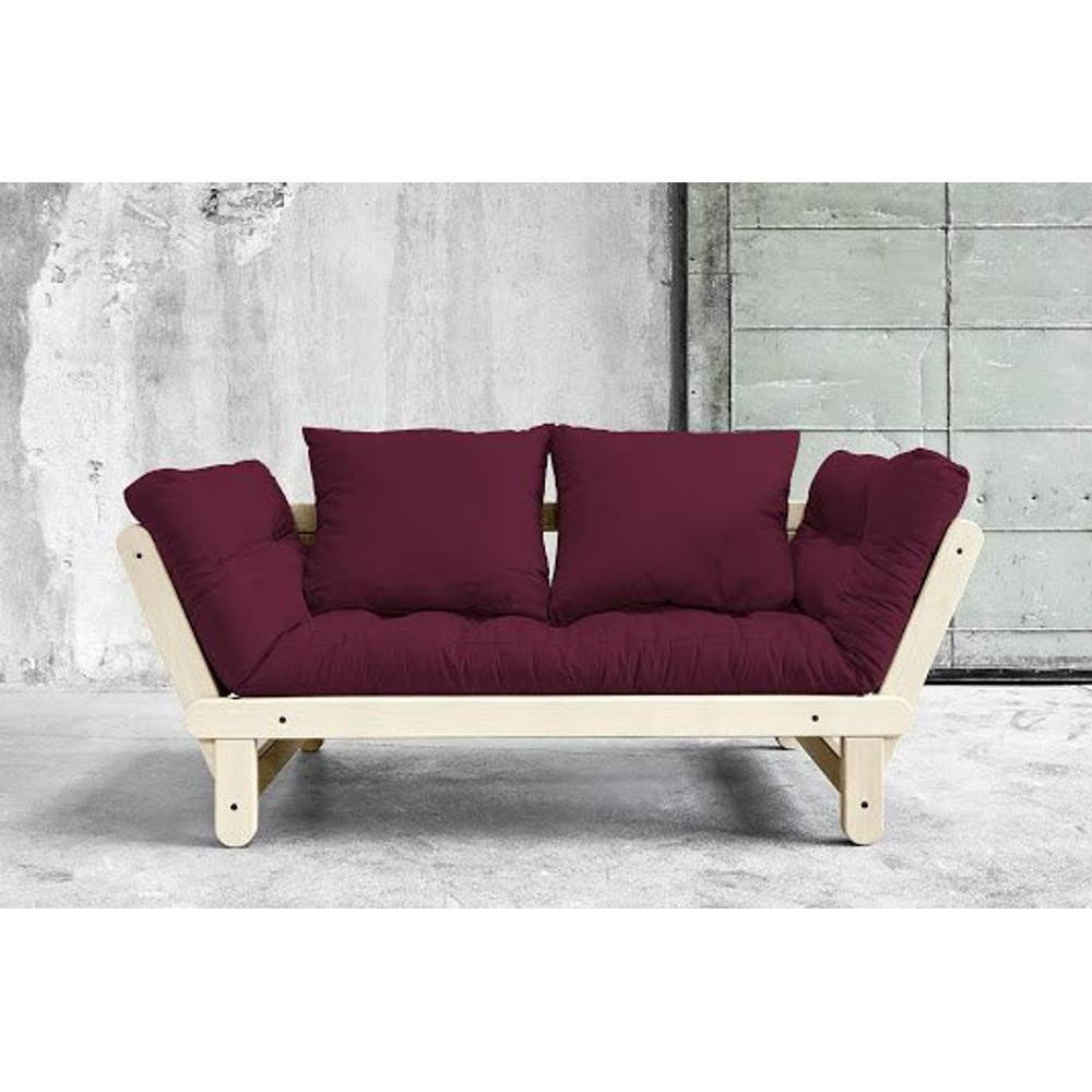 Banquette méridienne futon BEAT pin naturel tissu bordeaux couchage 75*200 cm.