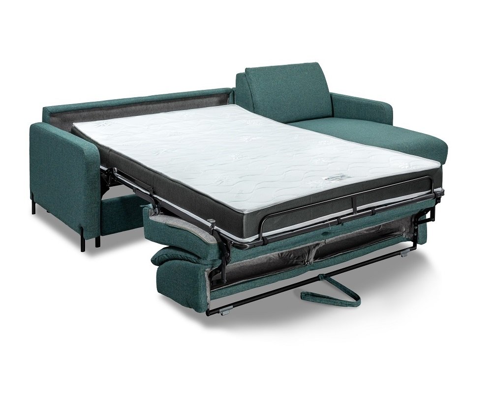 Canapé angle méridienne EXPRESS BERLIN  couchage 140 cm matelas 16 cm pieds métal noir tissu bleu