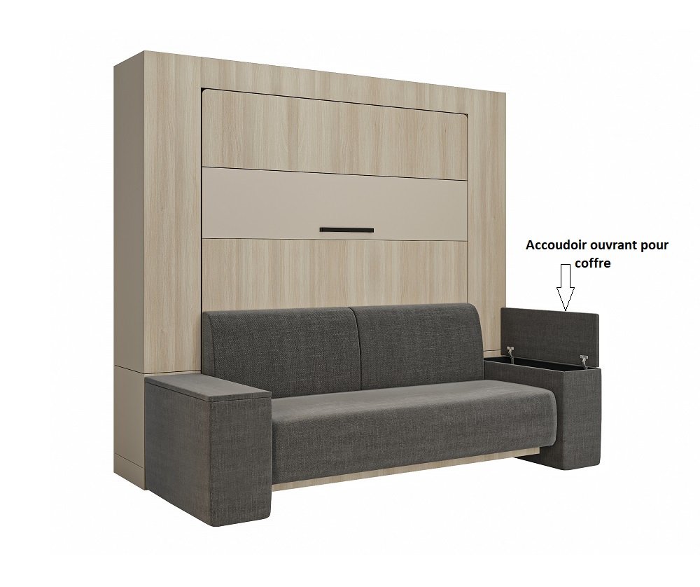 Armoire lit escamotable MAJESTIC SOFA chêne et taupe canapé bleu 160 cm MECANIQUE SEDAC MERAL