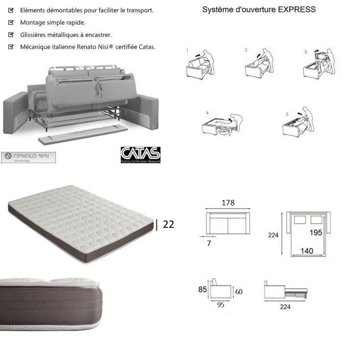 Canapé convertible CanapExpress LUXURY 140 cm matelas 22 cm à mémoire de forme velours gris