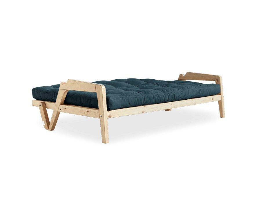 Canapé convertible futon GRAB pin naturel coloris bleu pétrole couchage 130 cm.