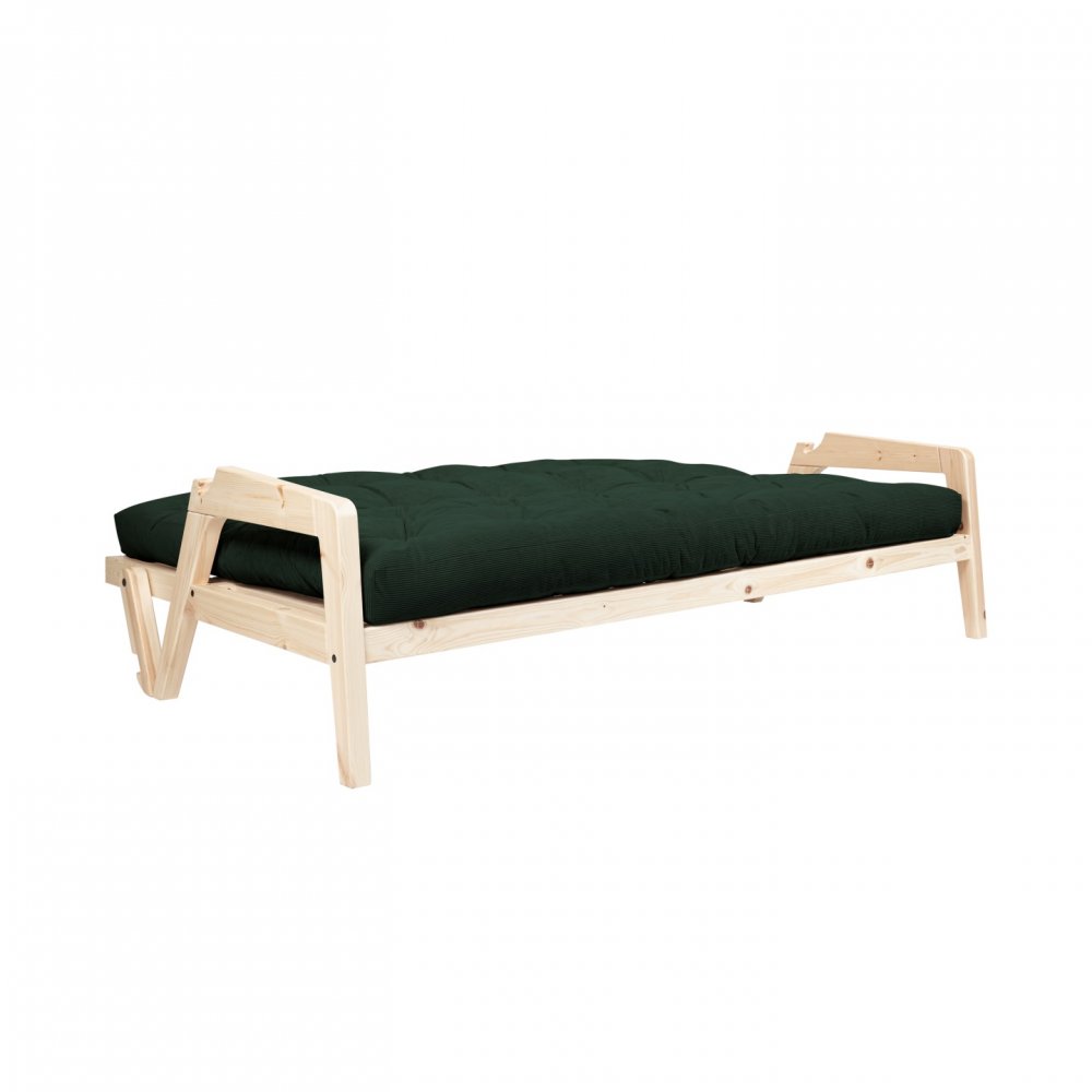 Canapé convertible futon GRAB pin naturel coloris vert foncé couchage 130 cm.