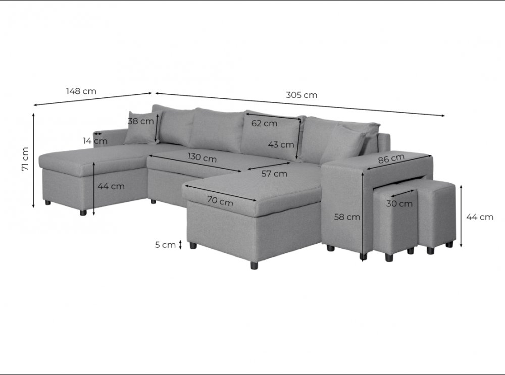 Canapé panoramique convertible CAPELLA blanc/gris avec coffre et poufs rangement gauche