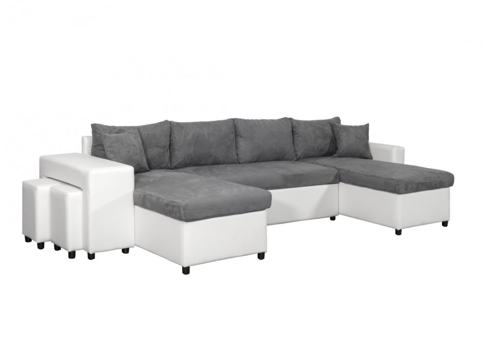 Canapé panoramique convertible CAPELLA blanc/gris avec coffre et poufs rangement gauche