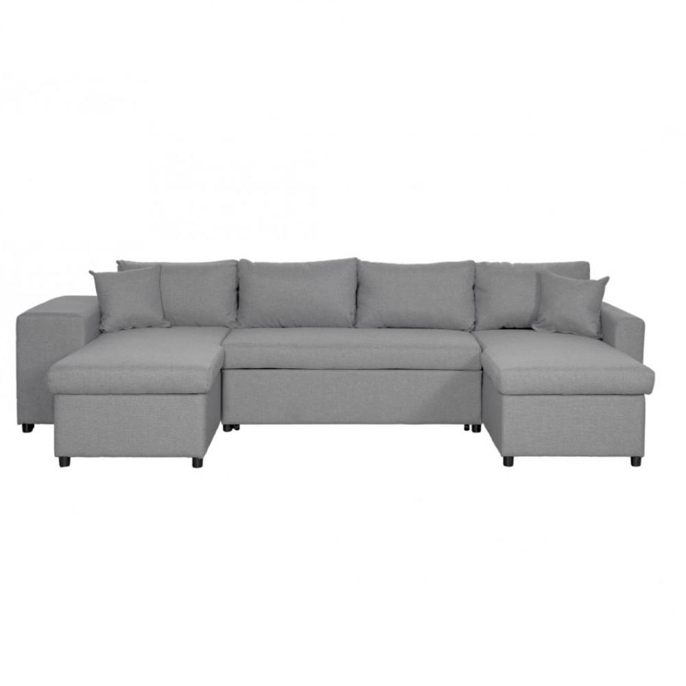 Canapé panoramique convertible CAPELLA tissu gris clair avec coffre et poufs rangement gauche