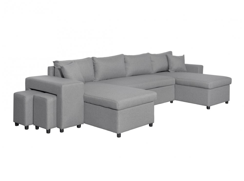 Canapé panoramique convertible CAPELLA tissu gris clair avec coffre et poufs rangement gauche