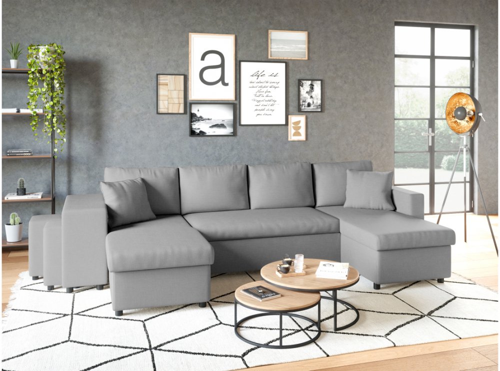 Canapé panoramique convertible CAPELLA tissu gris clair avec coffre et poufs rangement gauche