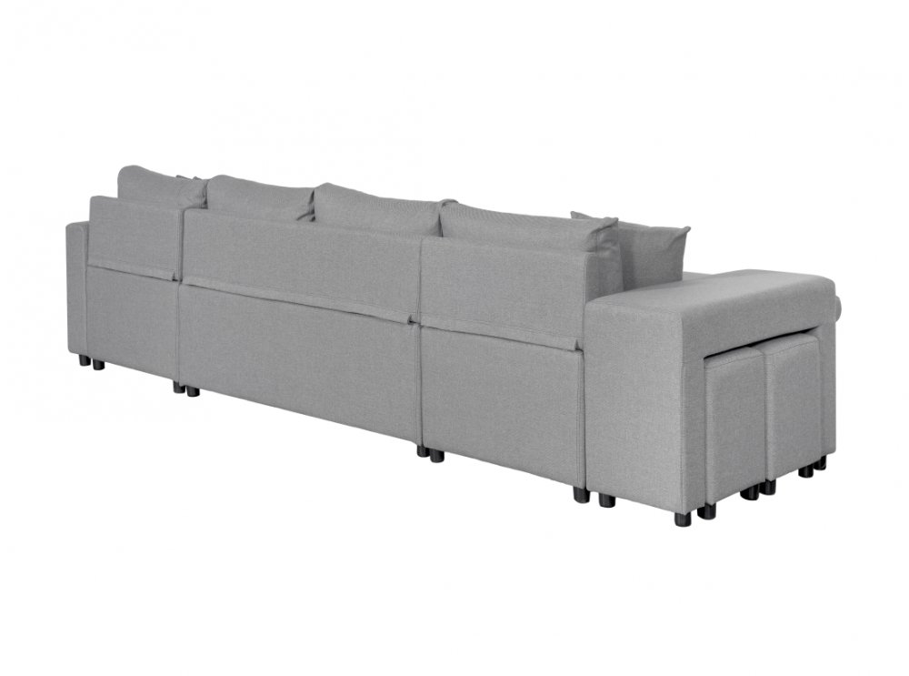 Canapé panoramique convertible CAPELLA tissu gris clair avec coffre et poufs rangement gauche