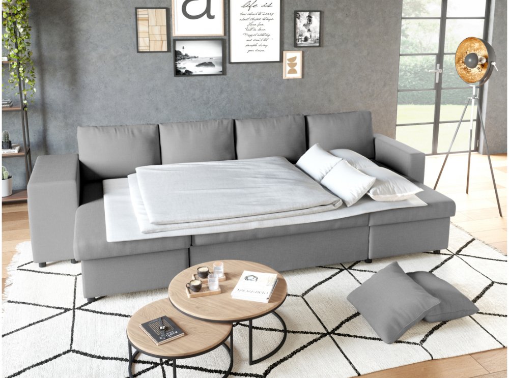 Canapé panoramique convertible CAPELLA tissu gris clair avec coffre et poufs rangement gauche